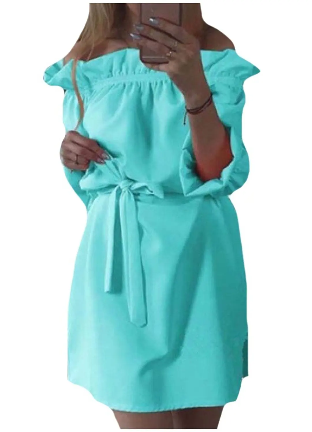 Zimaes Women's Tunic Solid-Colored Shoulder Off Split Party Dresses