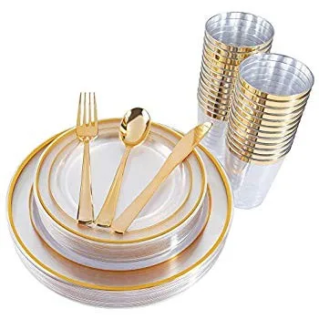 plates plastic disposable dinnerware gold spoons forks knives detailed tumblers pcs dinner