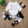 Clothing Sets Newborn Infant Baby Girl Letter Romper Tops+Floral Pants Hat 4Pcs Clothes Set