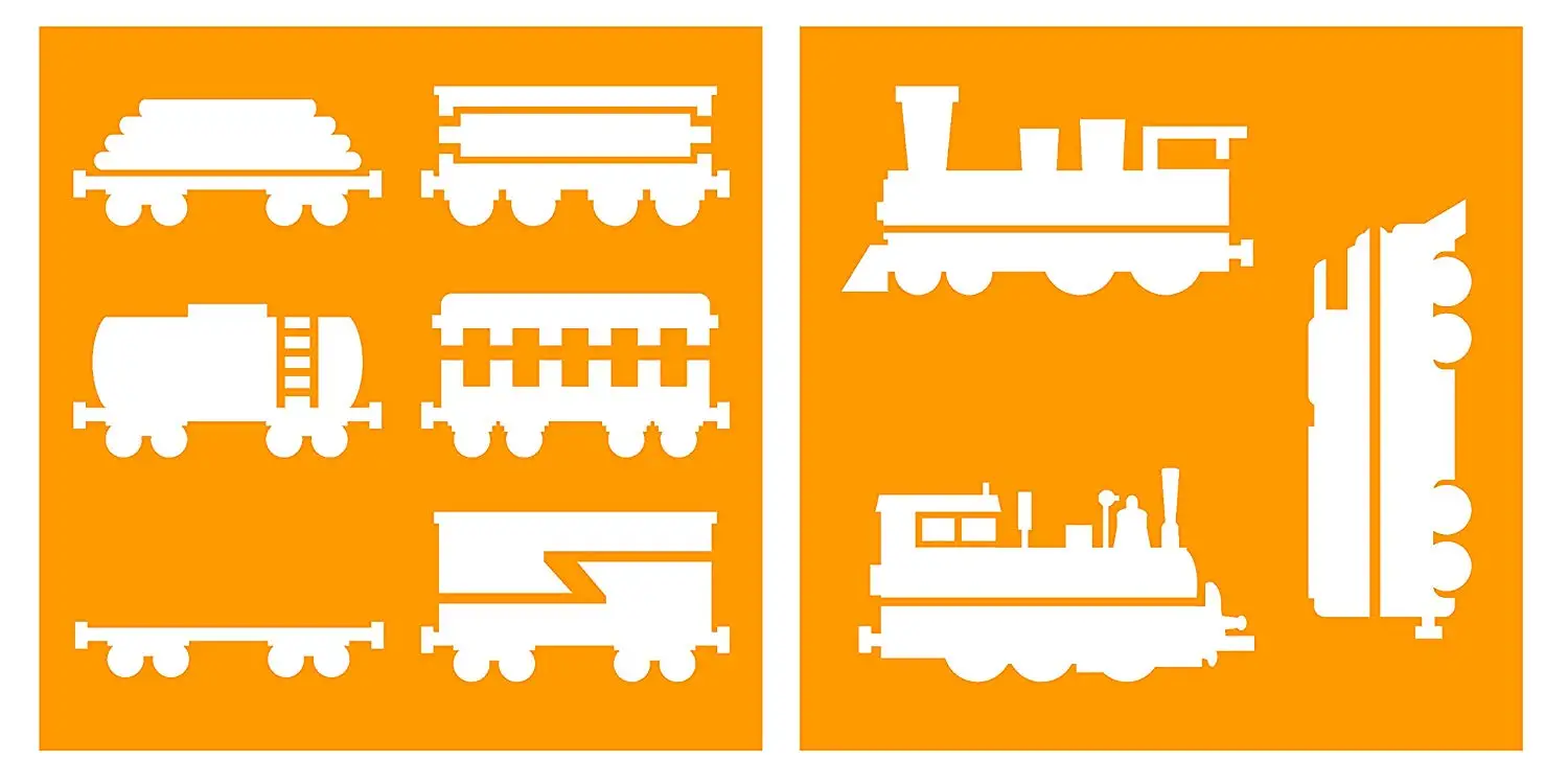 Auto Vynamics - STENCIL-TRAINS-10 - Train Engines & Cars Stencil Set - Featuring Multiple Engines & Different Cars! - 10-by-10-inch Sheet - (2) Piece Kit - Pair of Sheets