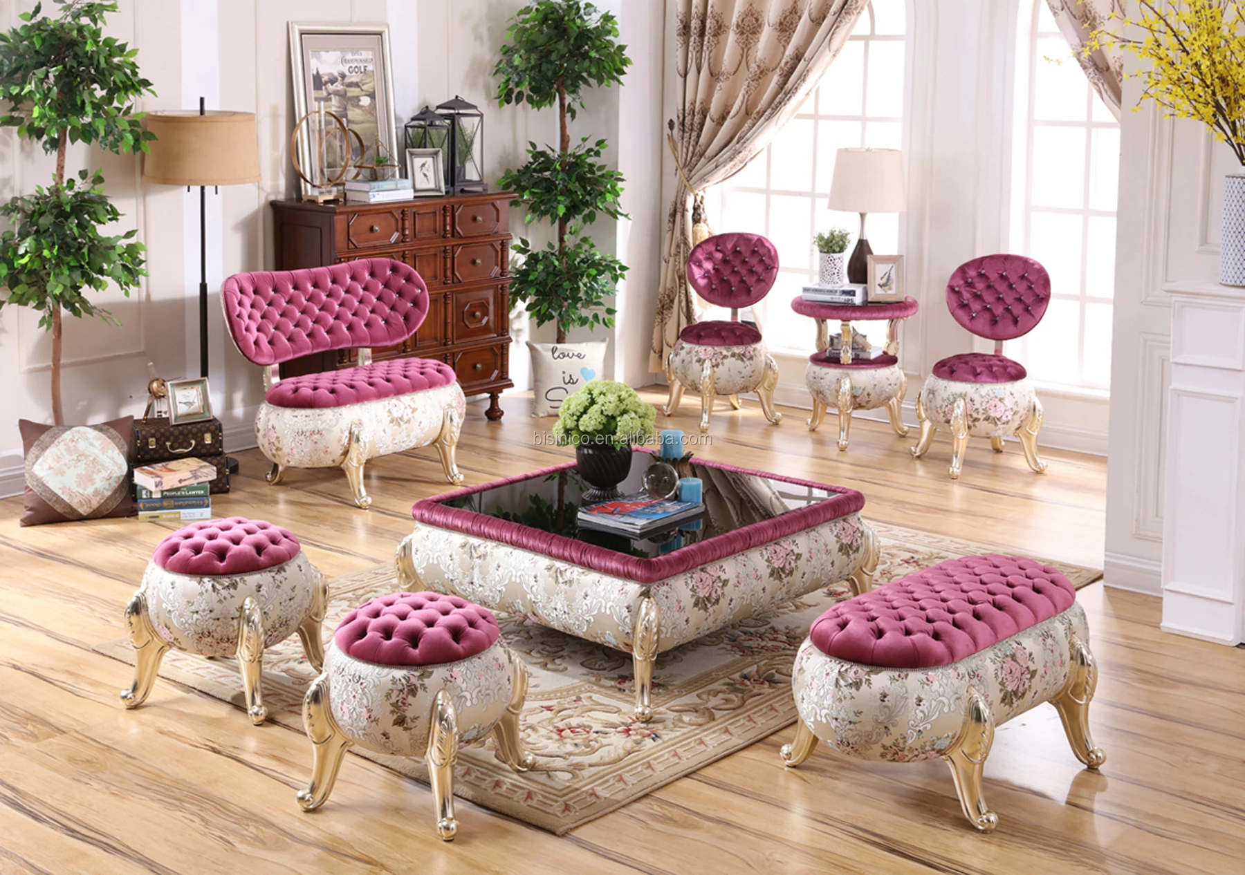 Jujube Red European Neoclassical Living Room Furniture Set Round Sofa Bench Pumpkin Stool View Elegant Living Room Furniture Sets Bisini Product