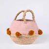 Collapsible carry water hyacinth weaving beach bag seagrass belly pompoms gift color straw corn husk cotton rope storage basket