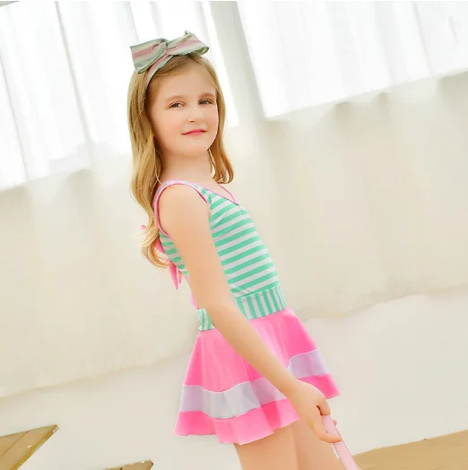 Girl Kids One Piece Swimsuit Stripe Combination Skirt Swimming Costume ...