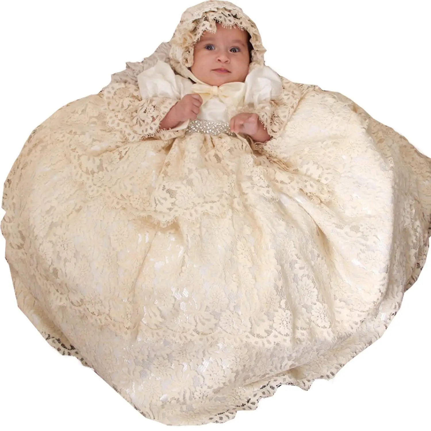Portsvy White Long Baby Christening Gowns Tulle Baptism Formal Gowns with Applique