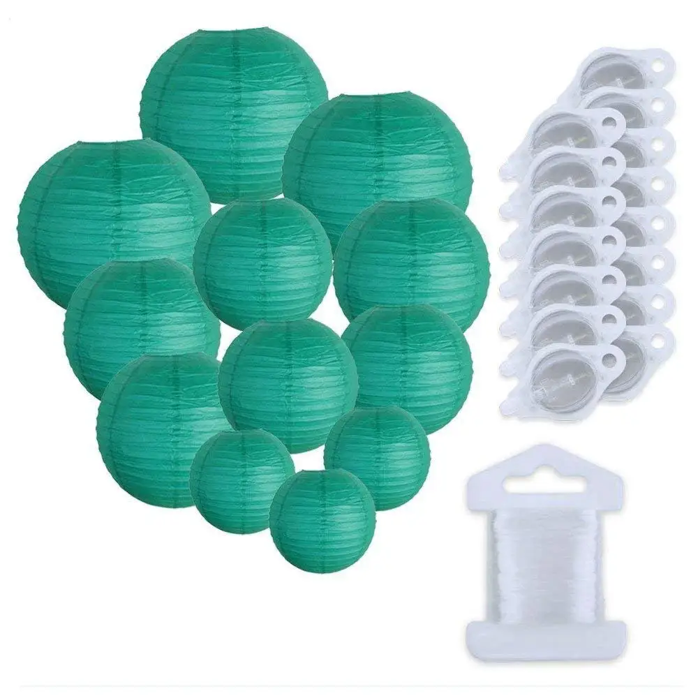 Just Artifacts Decorative Round Chinese Paper Lanterns 12pcs Assorted Sizes w/ 15pc LED Lights and Clear String (Color: Teal Blue Green)