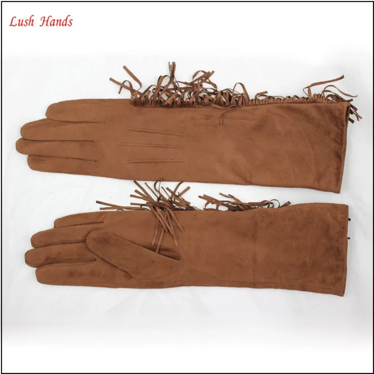 ladies suede brown long leather hand gloves with tassel