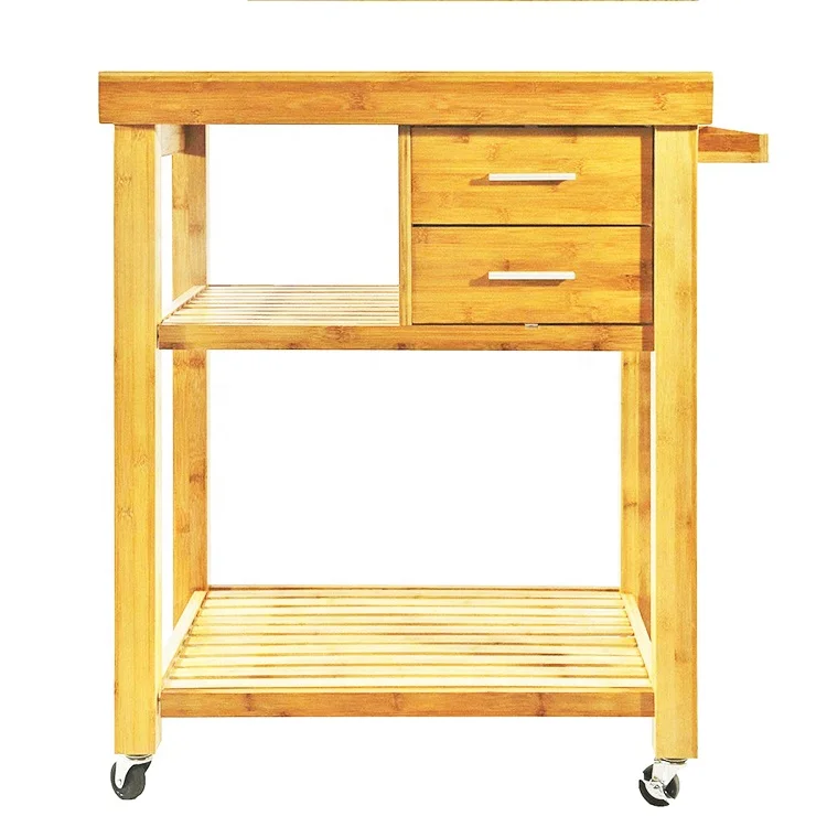 Natural Bamboo Rolling Kitchen Island Cart On Wheels With 2 Drawers And