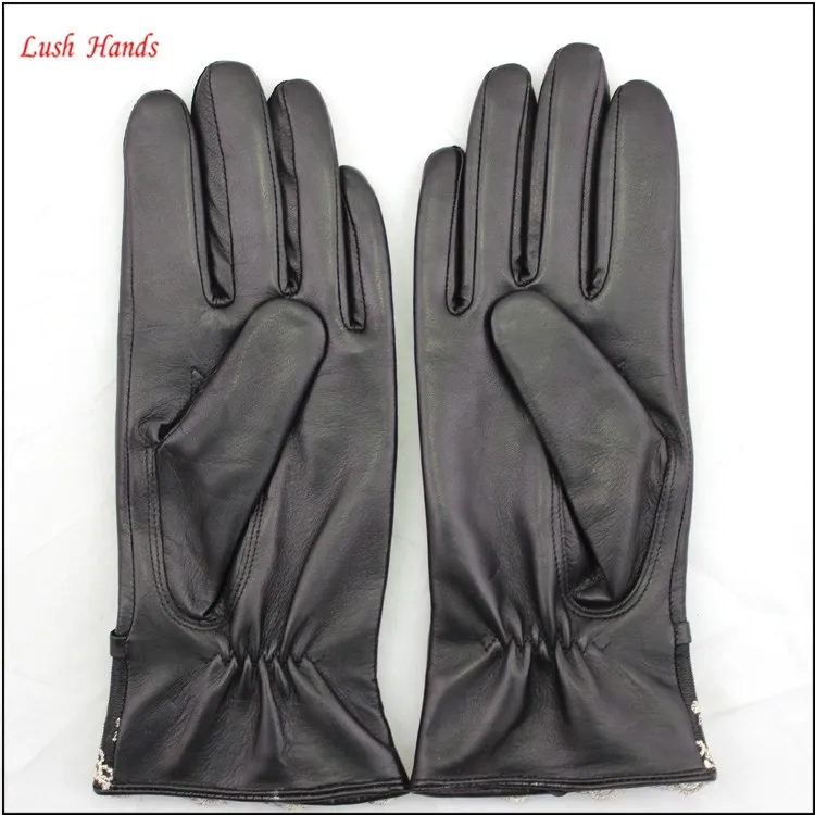 Hebei lxian goodluck glove factory Wholesale ladies black leather gloves and the cuff with white Voile lace