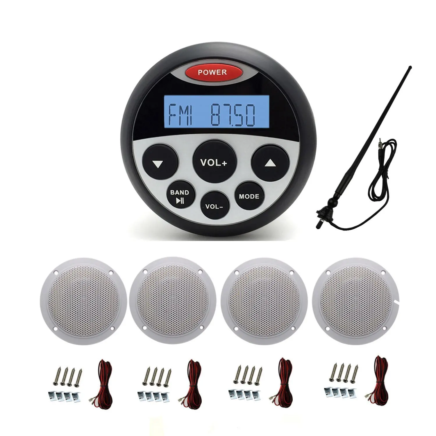 MarineMaxx Waterproof Marine Stereo with Speakers Bluetooth Marine Stereo MP3/USB Player FM AM AUX Input , 2 pairs of 4 inch waterproof marine speaker System with Marine Radio Antenna Black