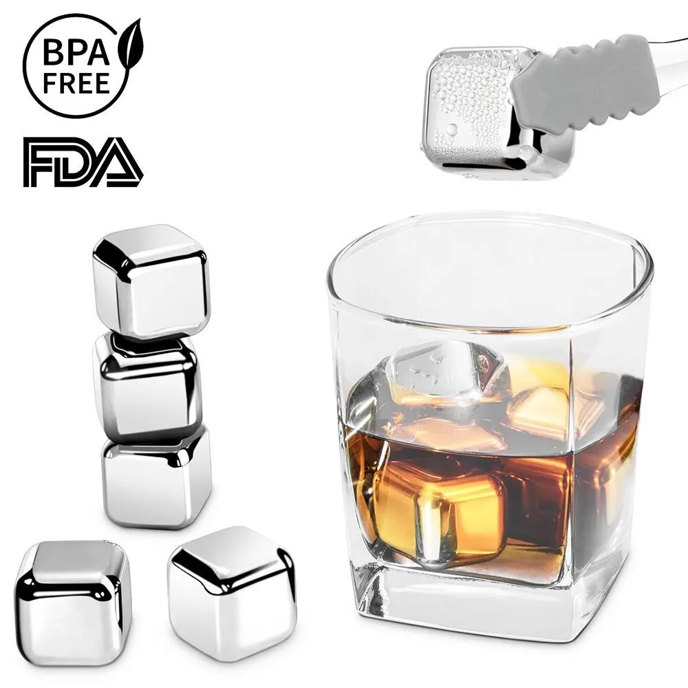 Metal Stainless Steel Reusable Ice Cubes Chilling Whiskey Stones with Freezer Storage Tray , Whisky Sipping Rocks