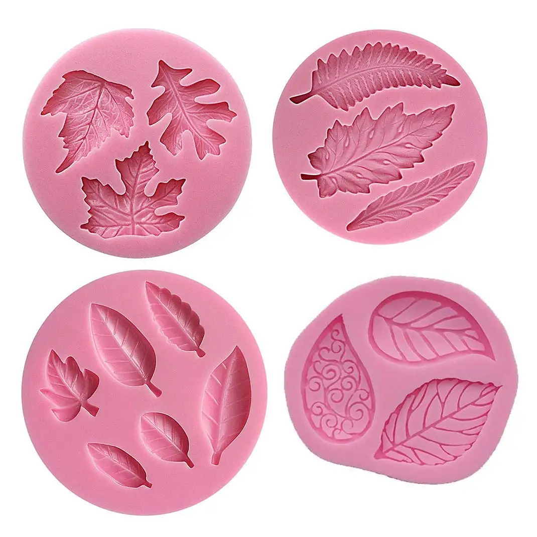 4Pcs Leaves Silicone Fondant Molds, Leaf Candy Mold Cake Sugar Craft Mold Cake Candy Making Mold Cake Baking Tools Chocolate Cake Decorating Molds DIY Cake Maker Cupcake Topper Clay Soap Molds (2#)