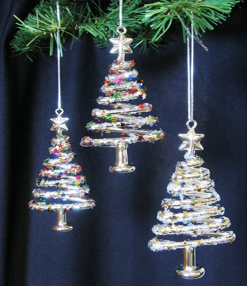Glass Christmas Tree Ornaments - Set of 3 Xmas Trees with Stars & Snowf...