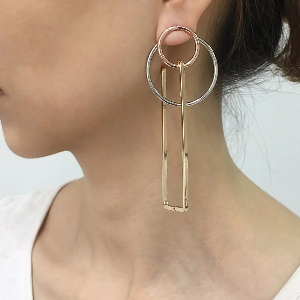 Simple Geometric Earrings Statement Big Hoop Earrings Black and Gold Plated Alloy Oval Earrings Dangle 