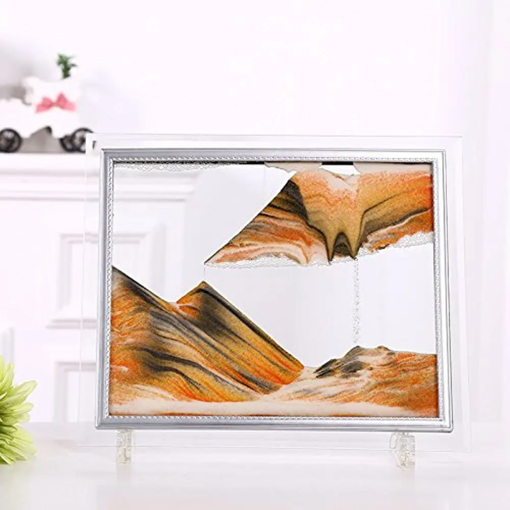 Queenie 3D Dynamic Vision Flowing Sand Painting Glass Sand Frame Moving Orange Sand Picture with Abstractive Landscape Sand Art Hourglass for Home Office D/écor 10 inch