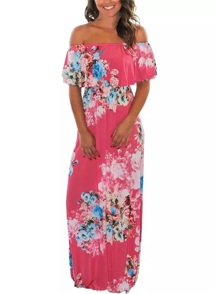 F26 women summer dress Floral Summer Holiday  off shoulder dress women clothing maxi dress