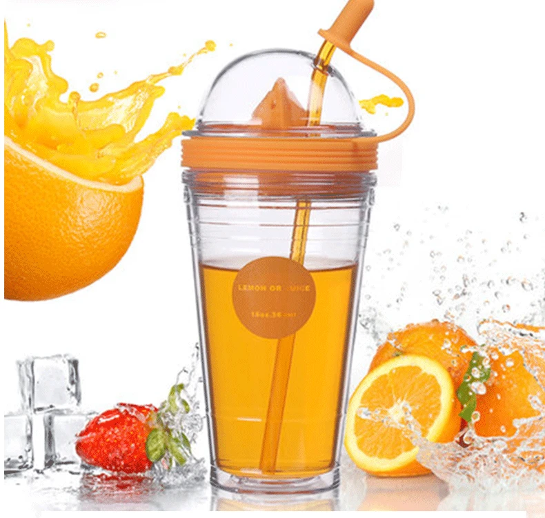 AS Material Double Wall Plastic Drinking Cup, Plastic Juice Cup With Straw