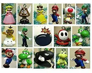 Nintendo Super Mario Brothers 19 Piece Deluxe Holiday Christmas Tree Ornament Set Featuring Unique Wooden Bomb Ornament, Princess Peach, Yoshi, Mario, Luigi, Bullet Bill, Donkey Kong, Lakitu Spiny, Shy, Toad, Koopa, and Goomba Ornaments
