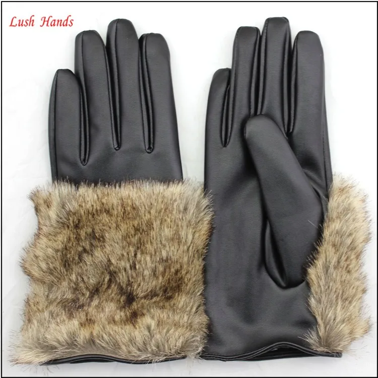 Cheap leather glove women PU gloves with faux fur cuff
