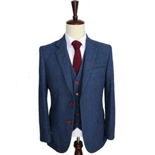Blue Herringbone Retro gentleman style Men custom made suits tailor made suits Blazer men suits for wedding(Jacket+Pants+Vest)