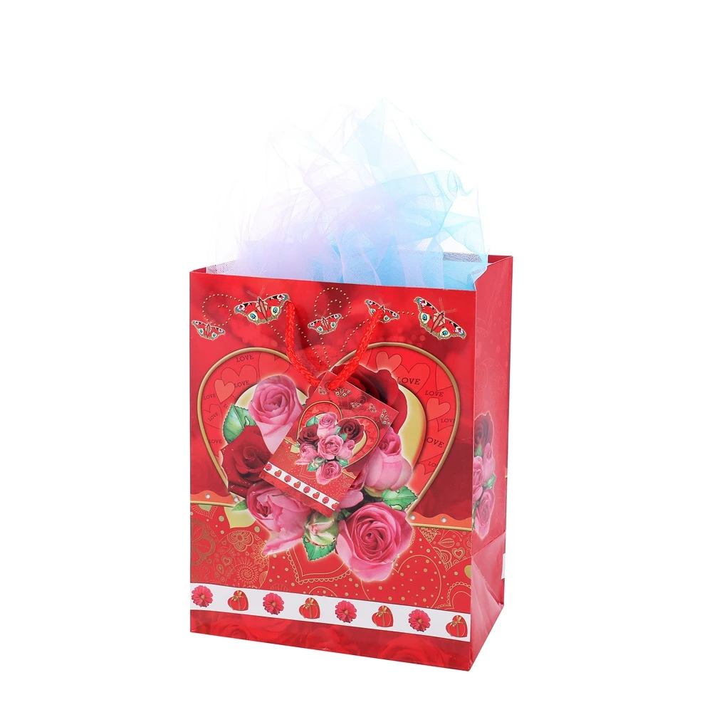Fancy Festive Elegant Design Foldable Red Floral Gift Shopping Bags With Handles