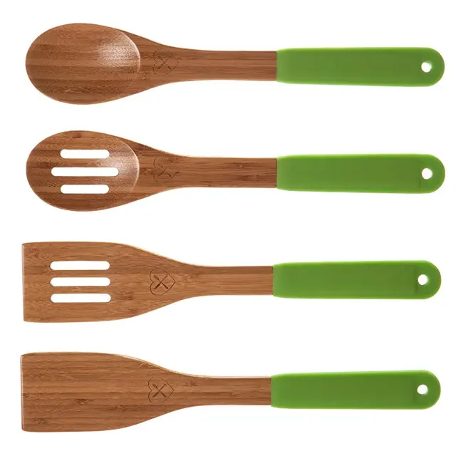 Eco Friendly Bamboo Utensil Set With Silicone Handle For Non Stick Cookware