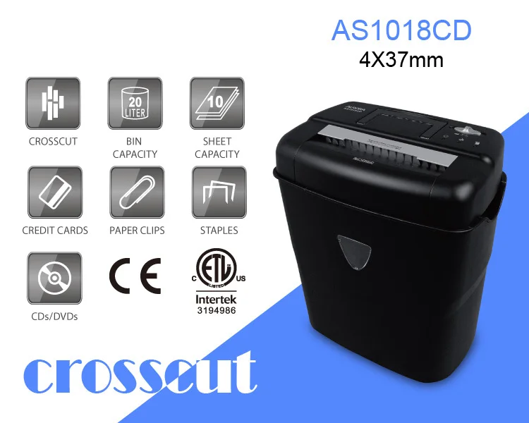 Aurora AS1018CD Plastic Paper Shredder, 10 sheet (A4) Crosscut 4x37mm