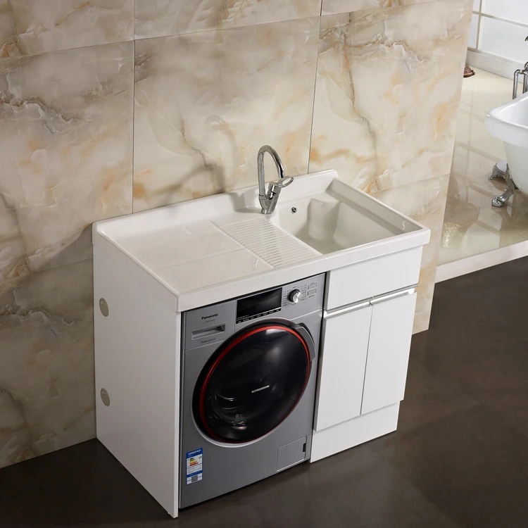 Floor Mounted Laundry Basin Above Washing Machine Cabinet Mirrored ...