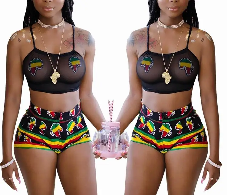 Women Swimwear Traditional African Print Bandage Push-up Bikini Bathing Suit Swimming Black Mesh Top and Print Shorts