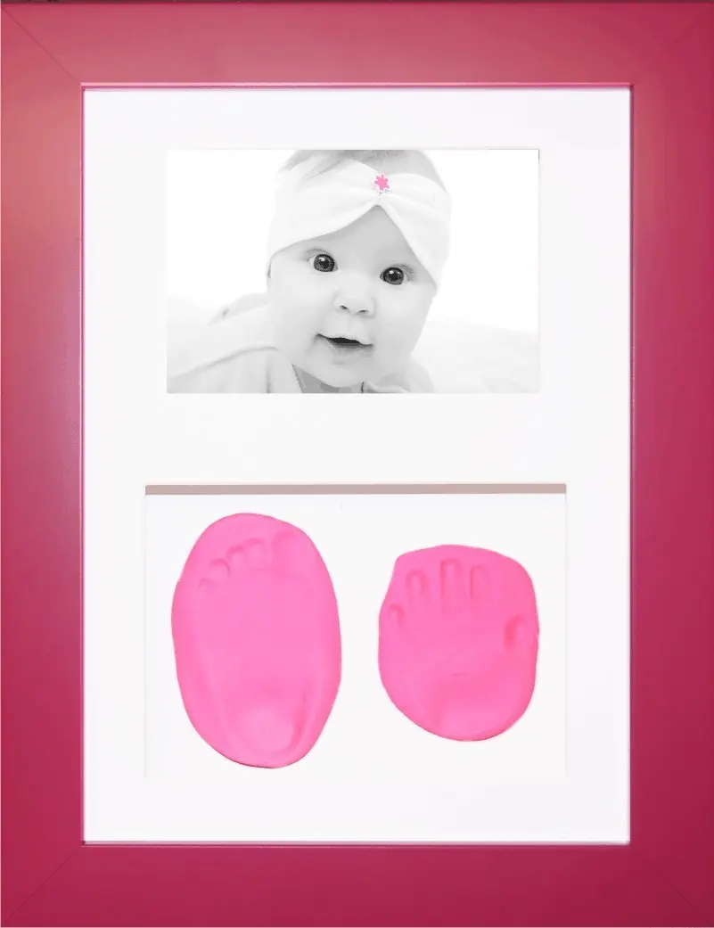 BabyRice New Baby Girl Gift Handprint & Footprint Imprints Mould Kit Pink Box Display Photo Frame & Soft Clay Dough