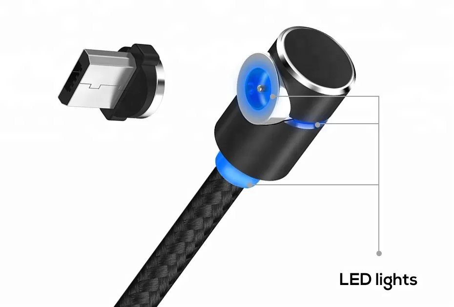 Hot Selling 90 Degree Elbow Magnetic Micro USB Charger Cable 3 In 1 LED Light Fast Charging USB Cable