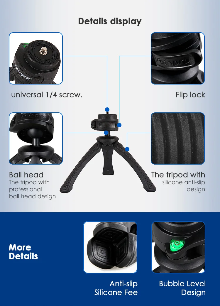universal 1/4 screw,flip lock,this tripod with professional ball head design,with silicone anti-slip design,bubble level design