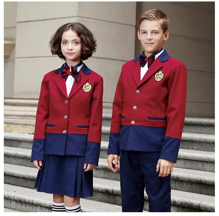 Fancy Red And Blue Contrast Color School Uniform Suit Blazer Patterns ...