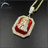 Hip Hop Jesus Pendant Mens Gold Red Ruby Pendant Rope Chain Necklace