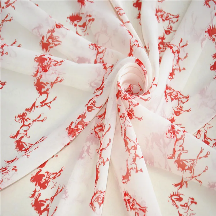 Tang dynasty horse design plain art chiffon printed fabric for elegant dress