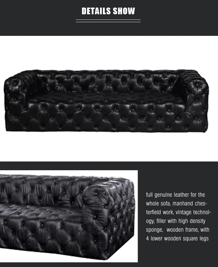 Foshan Office Furniture Chesterfield Sofa Couch Antique Black Genuine