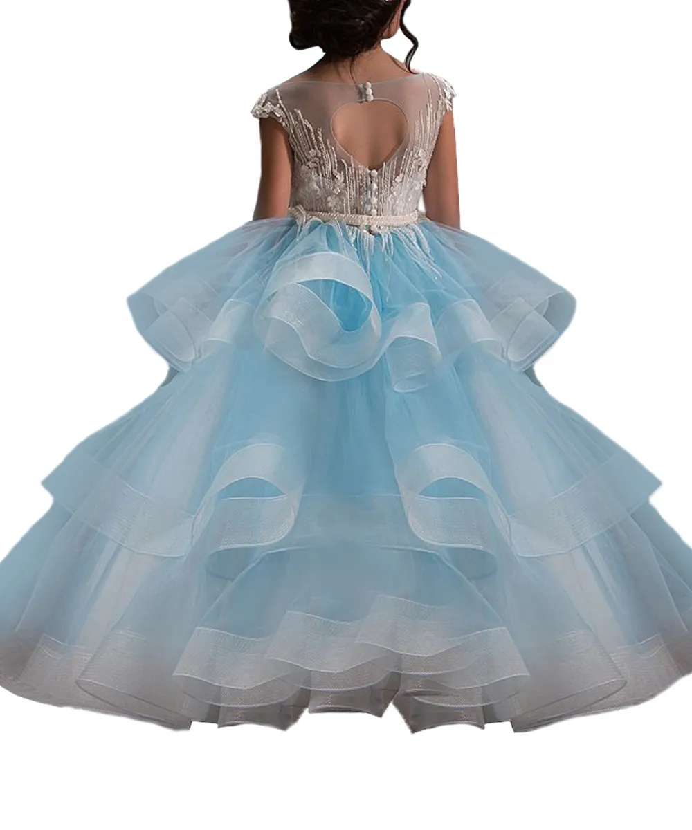 In Stock Pink Beaded Children Party Dresses Full Length Kids Ball Gown