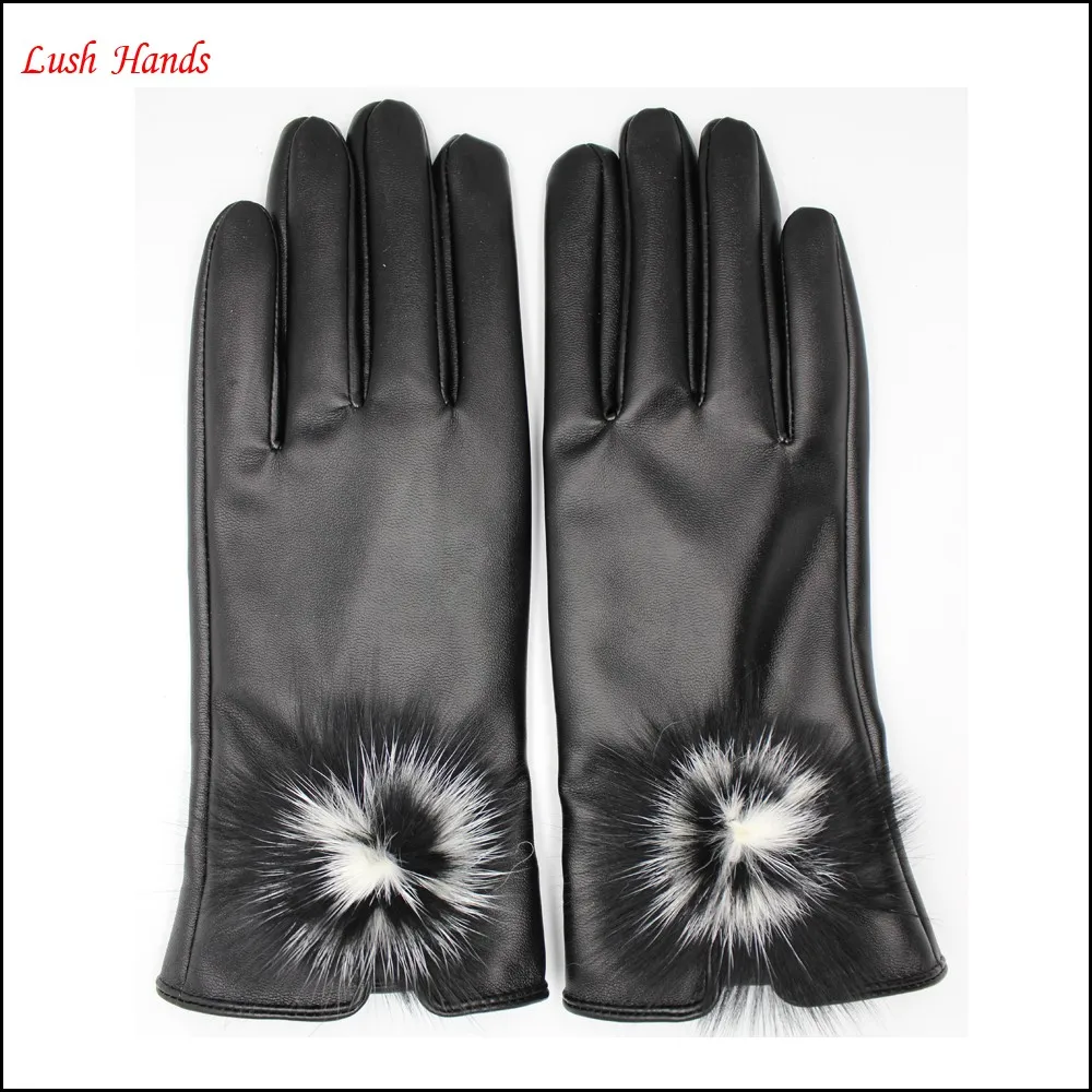 Wholesale cheap gloves china gloves factories Fahion ladies Pu leather glove with True hairball