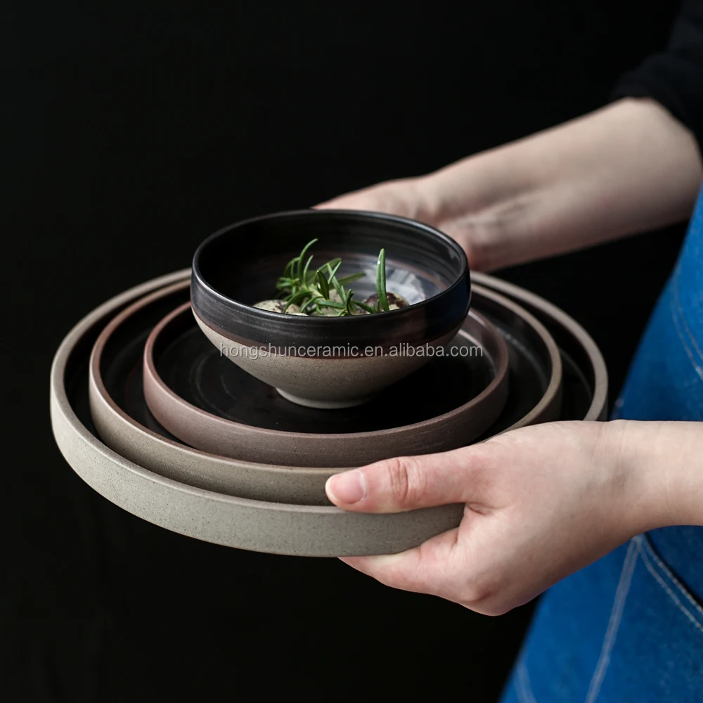 5-Piece Ceramic Brown Vintage dinner set, handmade stoneware dinnerware plates set, 