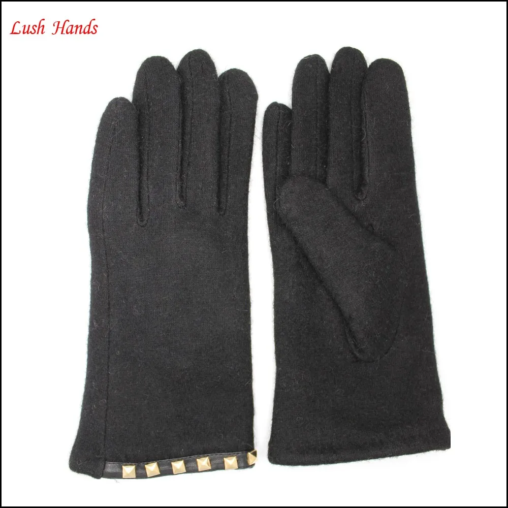 ladies simple woolen gloves decorated with square metal buttons for wholesale