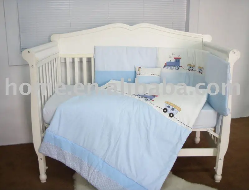 100 Cotton European Appliqued Blue Train Style Baby Bedding Set