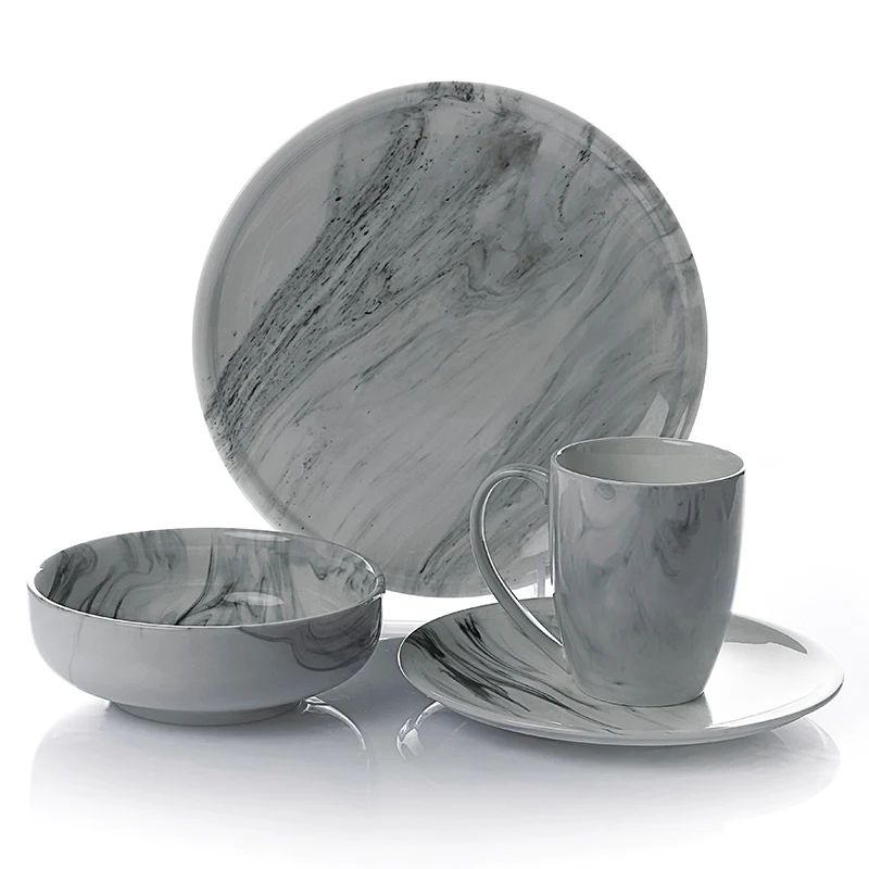Marble Reactive Glaze Dinnerware Set Black Glazed Dishes Plates Marble