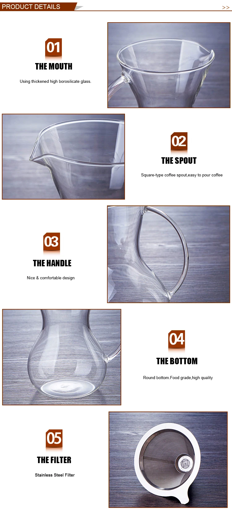 Convenient cleaning glass pour over coffee maker set with high drip coffee filter