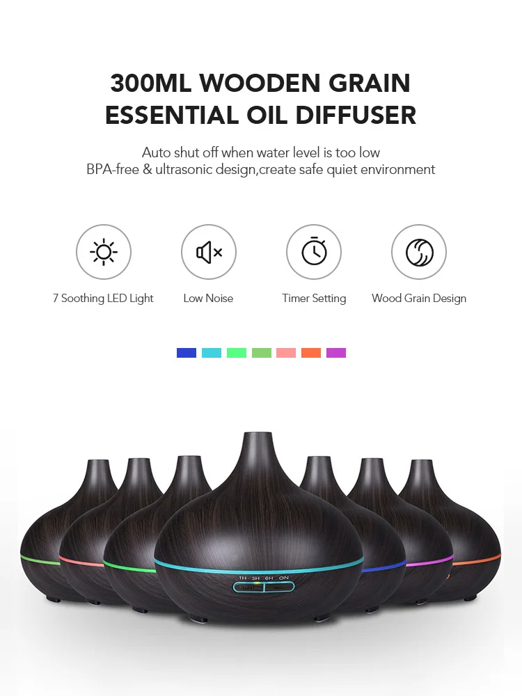 300ml Wood Grain Aromatherapy Humidifiers Ultrasonic Essential Oil Diffuser with 7 Color Light