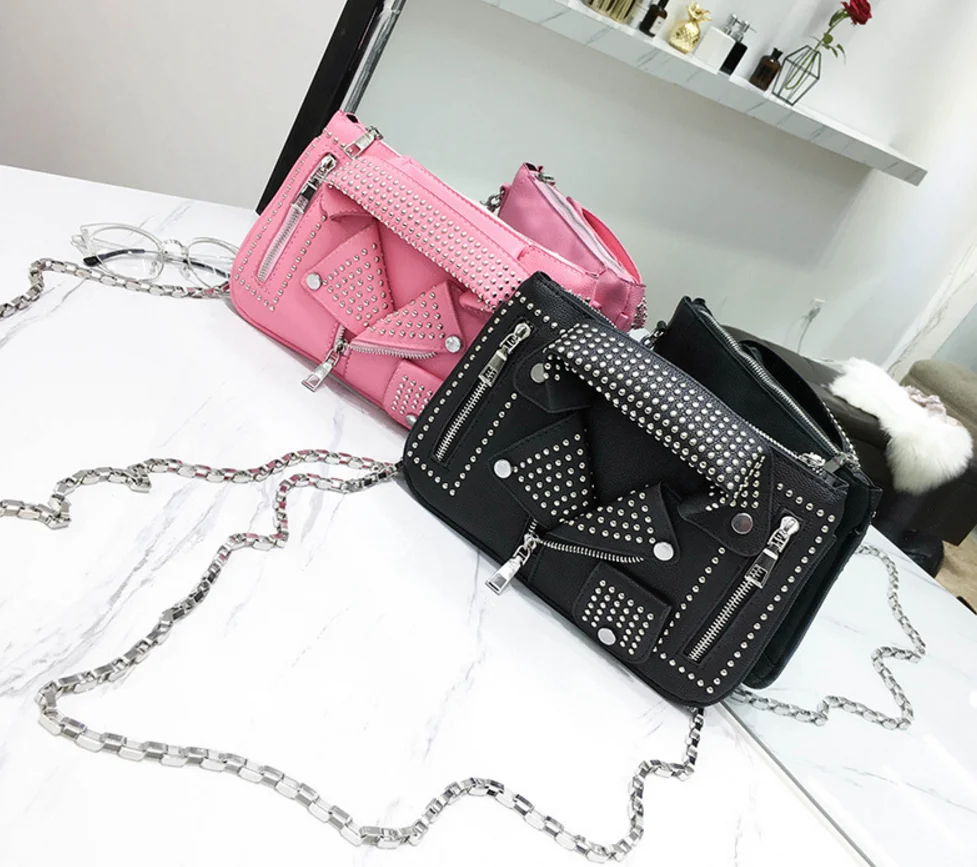 Fashion Korean Style Women Cheap Leather Rivet Decoration One Shoulder Strap Metal Chain Crossbody Messenger Bag/Handbag