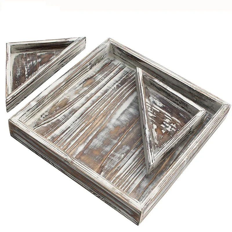 Rustic Square Storage Decorative Display Serving Tray Wood With 2