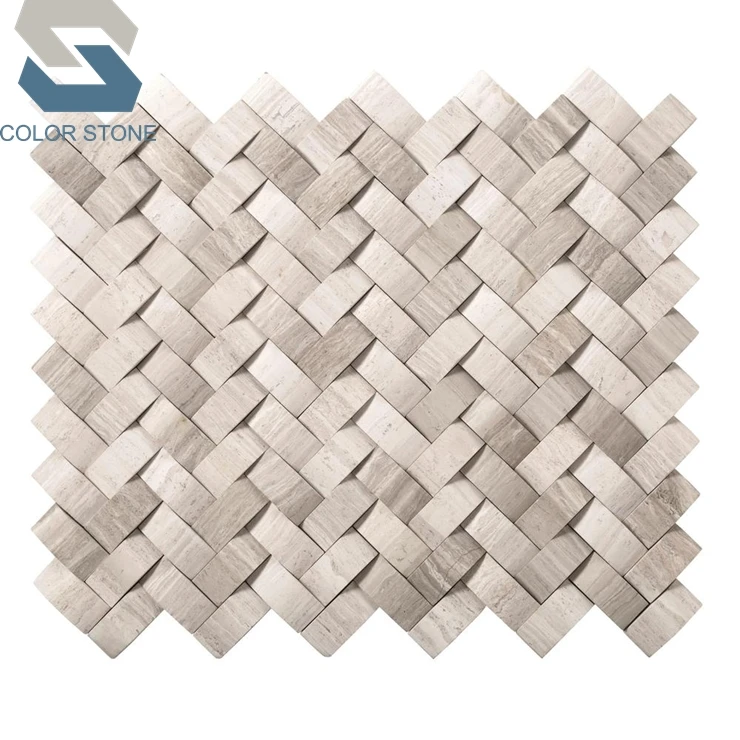 Hot Sale White Oak Wood Arched Herringbone 3D Honed Marble Mosaic Tile