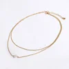 Double Layers Gold Plated Chain Fresh Pearl Pendant Necklace Charm Choker Necklace