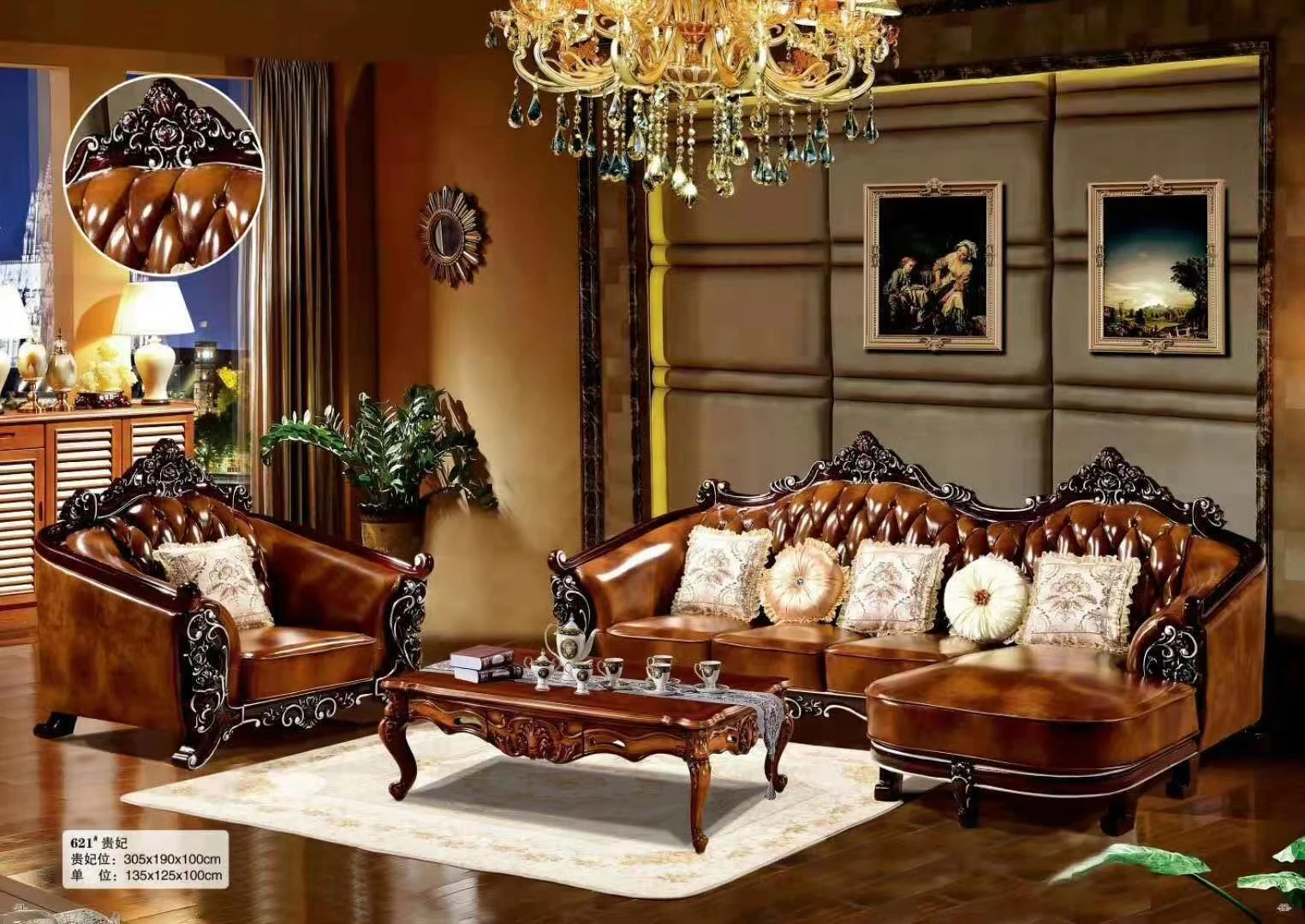 high quality European antique living room sofa furniture genuine leather 1+2+3 set mg621