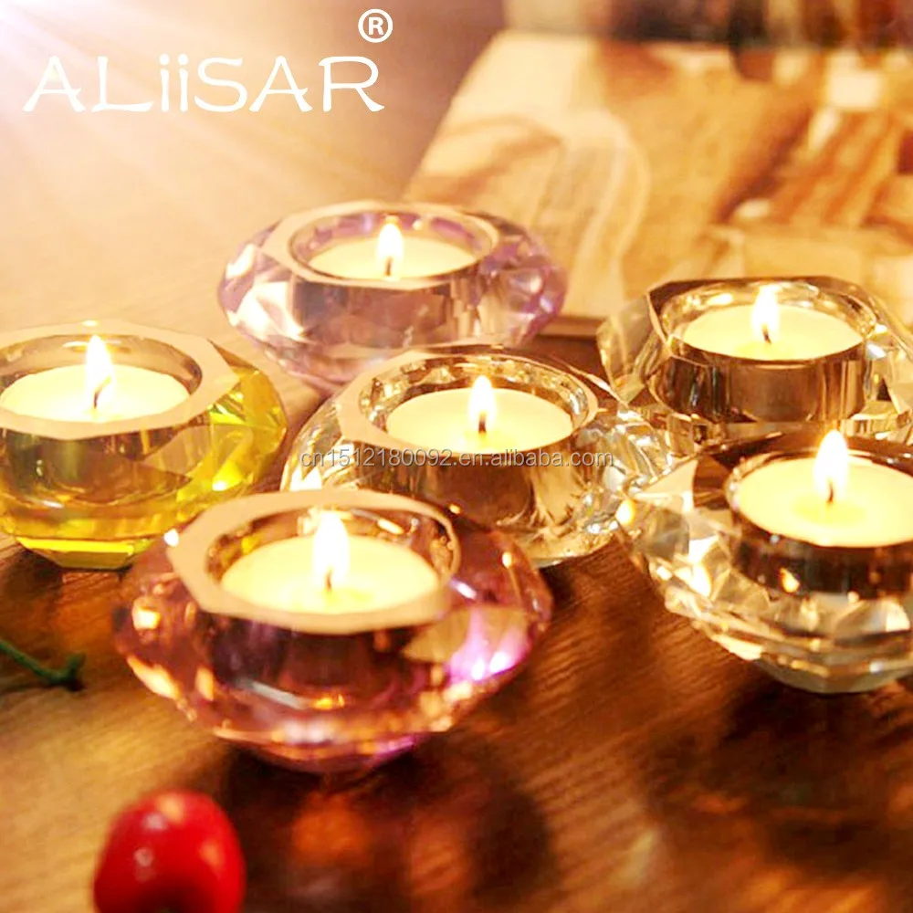 SET OF 2 GLASS CRYSTAL DIAMOND TEALIGHT CANDLE HOLDERS ON A METAL STAND