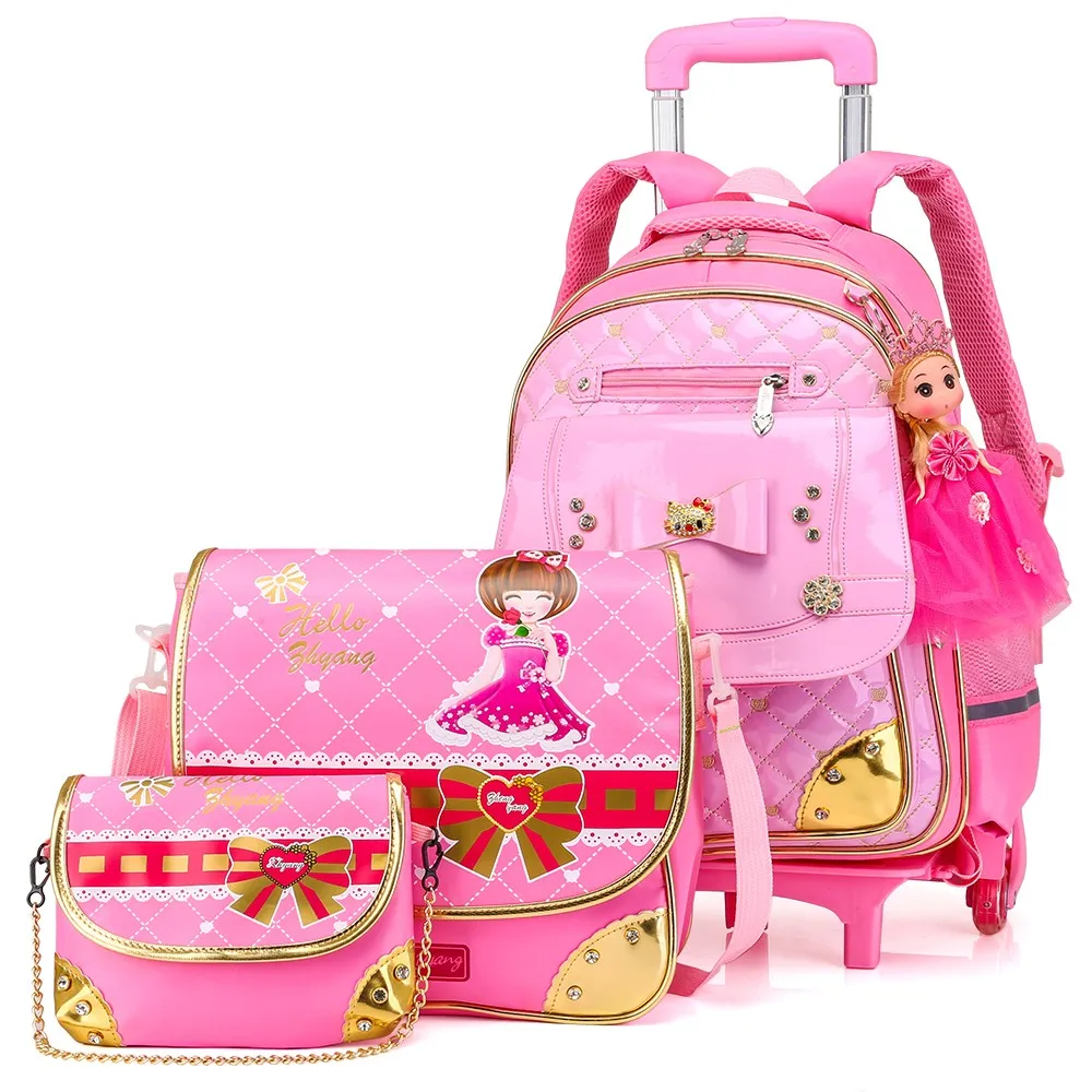 New Style Children Carton Girlsr School Trolley Backpack Sets With 